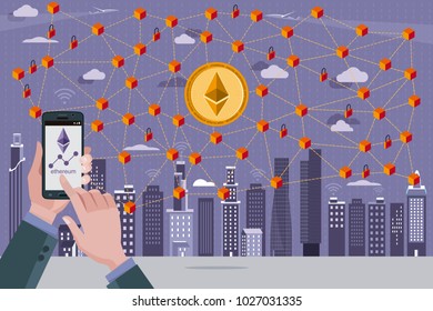 Blockchain network concept with Ethereum cryptocurrency. In the foreground hands with a mobile phone with the Ethereum icon.