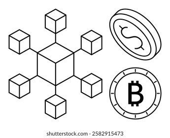 Blockchain network connected to a Bitcoin coin and dollar coin. Ideal for cryptocurrency, blockchain technology, digital transactions, finance, investment, fintech, tech innovation. Line metaphor