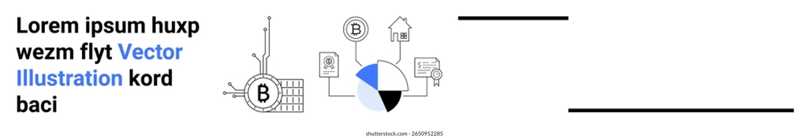 Ícone de rede de cadeia de blocos, gráfico de pizza, ícone de início, marcas de seleção, símbolo de bloqueio e conexões de fluxograma. Ideal para blogs fintech, serviços blockchain, start-ups tecnológicas, dicas de segurança cibernética, investimento