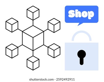 Blockchain network of interconnected cubes, a blue speech bubble with the word Shop and a padlock symbol Ideal for e-commerce, cybersecurity, blockchain technology, online shopping security - Powered by Shutterstock - Get 15% off with code: PIKWIZARD15