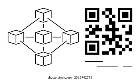 Blockchain network interconnected cubes and a QR code. Ideal for technology, digital transactions, data security, innovation, and modern communication visuals. Simplistic, minimalist, modern style