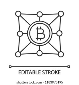 Blockchain network linear icon. Bitcoin. Cryptocurrency. Thin line illustration. Digital money. Fintech and big data. Contour symbol. Vector isolated outline drawing. Editable stroke