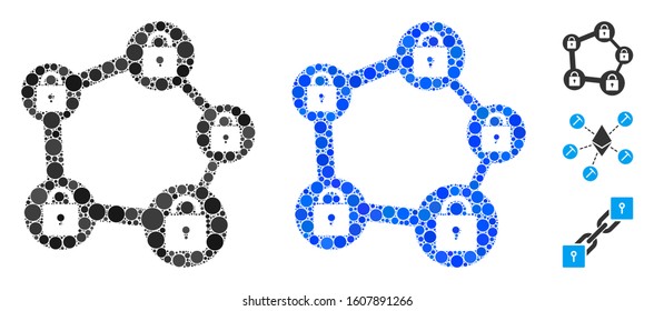 Blockchain network mosaic of round dots in different sizes and color hues, based on blockchain network icon. Vector round elements are combined into blue mosaic.