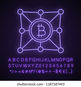 Blockchain network neon light icon. Bitcoin. Cryptocurrency. Digital money. Fintech and big data. Glowing sign with alphabet, numbers and symbols. Vector isolated illustration