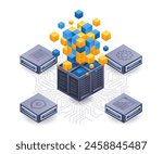 Blockchain network server technology isometric flat illustration