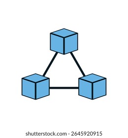 Blockchain network structure with three connected cubes symbolizing decentralized data system and technology