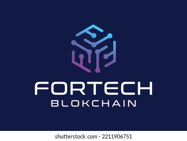 Blockchain network technology letter F logo design