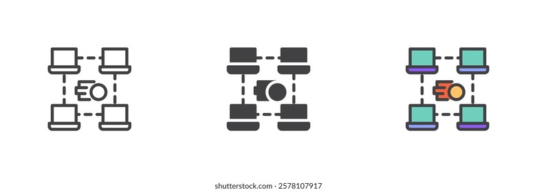 Blockchain Network with Token Transfer different style icon set. Line, glyph and filled outline colorful version, outline and filled vector sign. Symbol, logo illustration. Vector graphics