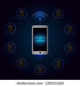 Blockchain network using smartphone banner .Circle blocks connection with each other and shapes crypto chain. Blockchain cryptocurrencies global network technology e-commerce business management. 