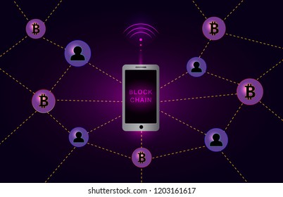 Blockchain network using smartphone banner .Circle blocks connection with each other and shapes crypto chain. Blockchain cryptocurrencies global network technology e-commerce business management. 