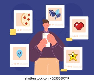 Blockchain nft marketplace. Unique investment itemized, uniqueness picture and token items. Cryptocurrency artwork auction vector concept
