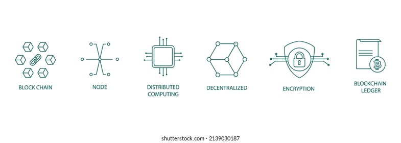 Blockchain, node, distributed computing, decentralized, encryption, blockchain ledger line icon set vector