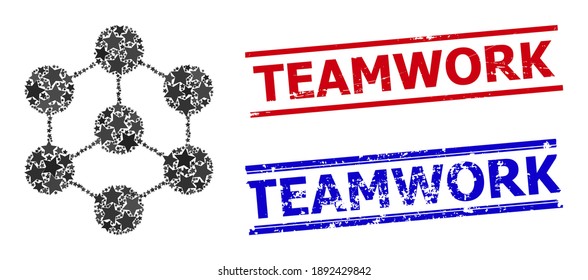 Blockchain nodes star mosaic and grunge Teamwork stamps. Red and blue stamps with unclean surface and Teamwork caption. Abstract blockchain nodes mosaic is created with random flat star items.