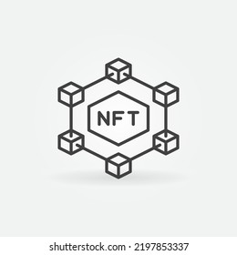 Blockchain mit nicht-Fungible-Token-Umriss-Vektorsymbol. NFT-Leitliniensymbol