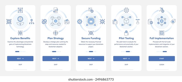 Blockchain Onboarding Screen Mobile Application. Explore Benefits, Plan Strategy, Secure Funding, Pilot Testing, Full Implementation.