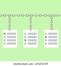 Blockchain online voting concept. Stock vector illustration of chains and ballots for distributed database technology use in public service.