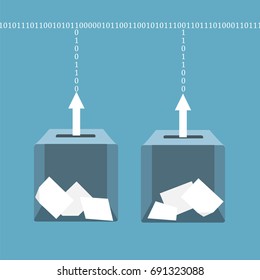 Blockchain online voting concept. Stock vector illustration of new computer technology for elections with traditional balloting boxes and binary code information flowing from them.
