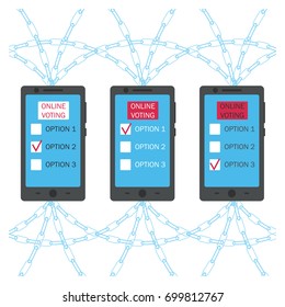 Blockchain online voting concept. Stock vector illustration of new technology for elections using smartphone.
