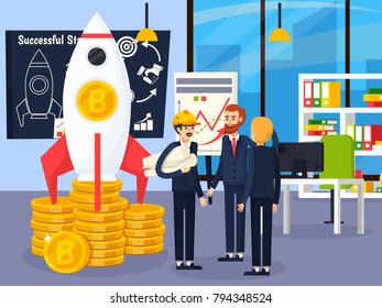 Blockchain orthogonal design concept with group of young people involved in successful startup of cryptocurrency mining vector illustration 