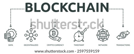 blockchain outline banner icon of data, decentralized, crypto currency, timestamp, network, transactions