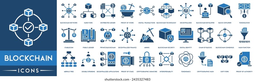 Blockchain Outline Icon Collection. Blockchain Network, Cryptocurrency, Distributed Ledger, Digital Transactions, Technology, Tokenization, stable coin, Private Blockchain, Mining and Security.