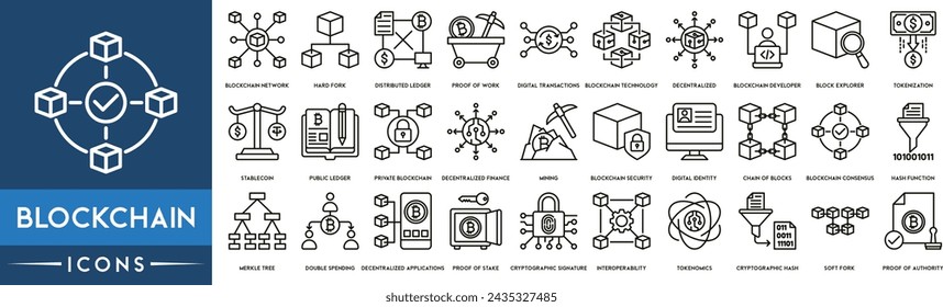 Blockchain Outline Icon Collection. Blockchain Network, Cryptocurrency, Distributed Ledger, Digital Transactions, Technology, Tokenization, stable coin, Private Blockchain, Mining and Security.