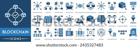 Blockchain Outline Icon Collection. Blockchain Network, Cryptocurrency, Distributed Ledger, Digital Transactions, Technology, Tokenization, stable coin, Private Blockchain, Mining and Security.