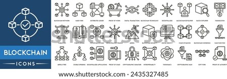 Blockchain Outline Icon Collection. Blockchain Network, Cryptocurrency, Distributed Ledger, Digital Transactions, Technology, Tokenization, stable coin, Private Blockchain, Mining and Security.