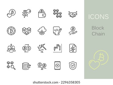 Blockchain outline icons. Set of 20 blockchain outline icons, vector illustrations. It contains such as: cryptocurrency, bitcoin, database, digital key, smart contract, mining and more.