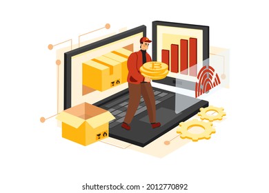 Concepto de Ilustración de Blockchain Platform for E-commerce. Ilustración plana aislada en fondo blanco.