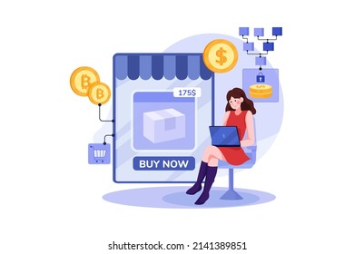 Concepto de Ilustración de Blockchain Platform for E-commerce. Ilustración plana aislada en fondo blanco.