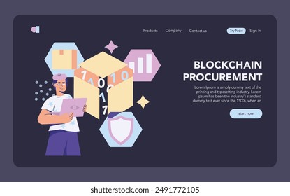 Blockchain Procurement concept. Digital interface streamlining supply chain with blockchain technology. Secure transactions in business vector illustration.