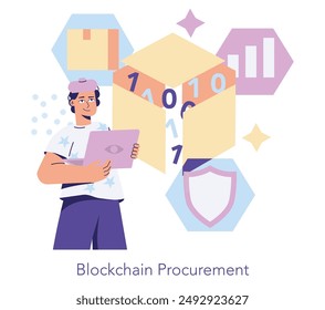 Blockchain Procurement concept. Innovative digital transaction management with secure data exchange. Streamlining purchasing via technology. Vector illustration.