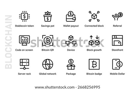 Blockchain Professional Line Icon Collection – Modern Cryptocurrency, Finance, Token, Wallet, Mining, Economy, Trading, Digital Assets, Secure Vector Pack