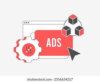 Blockchain in programmatic advertising. Decentralized native digital marketing. Programmatic advertising services for blockchain ad tech innovation with secure and transparency transaction concept