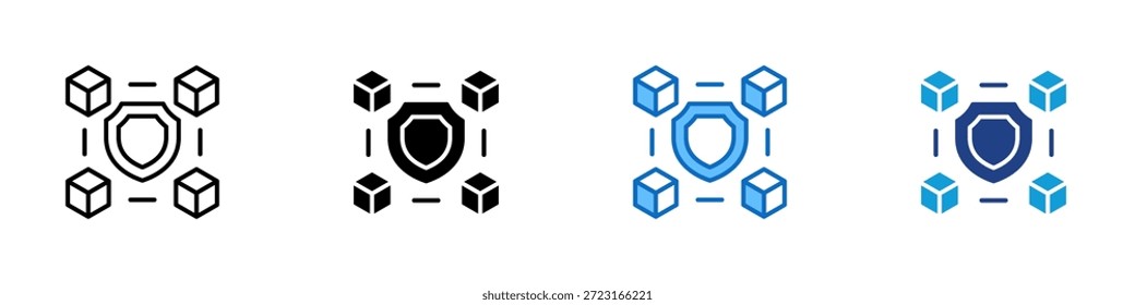 Vetor de design de ícone de vários estilos para proteção de cadeia de blocos - blindagem rodeada por blocos conectados, representando segurança descentralizada, integridade de dados e confiança na rede
