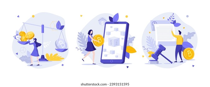 Blockchain regulation laws flat concept vector illustrations set. Cryptocurrency exchange services cartoon composition. E finance procs of customers creative idea for website, mobile, presentation