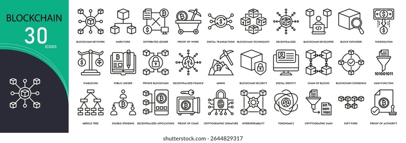 Coleções de ícones relacionados ao Blockchain. Contendo ícones de cadeia, criptografia, razão, bitcoin, nó, segurança, token, mineração, carteira e descentralização. Contornar ícones.