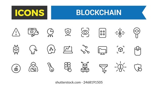 Blockchain Related Vector Line Icons. Blockchain outline icons with editable stroke collection. Editable vector icon and illustration.