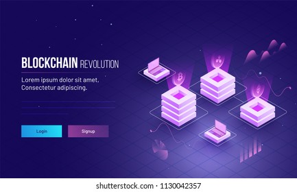 Blockchain revolution or cryptocurrency based isometric view of glowing block servers linked to each other for responsive landing page design.