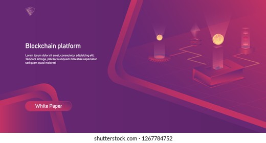 Blockchain revolution or cryptocurrency based isometric view of glowing block servers linked to each other for responsive landing page design. - Vector