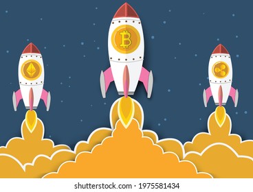Blockchain with a rocket. Bitcoin is Symbol going in to sky.Blockchain technologies,bitcoins,altcoins,finance digital money market, Vector banner and Digital cryptocurrency concept.