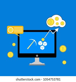 Blockchain scheme, mining crypto currency, server room, powered computers, data processing, money transaction in internet vector technology