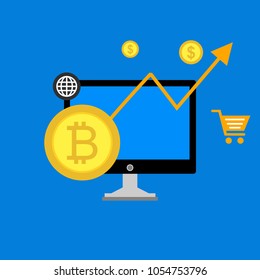 Blockchain scheme, mining crypto currency, server room, powered computers, data processing, money transaction in internet vector technology
