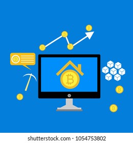 Blockchain scheme, mining crypto currency, server room, powered computers, data processing, money transaction in internet vector technology