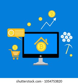 Blockchain scheme, mining crypto currency, server room, powered computers, data processing, money transaction in internet vector technology