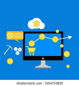 Blockchain scheme, mining crypto currency, server room, powered computers, data processing, money transaction in internet vector technology