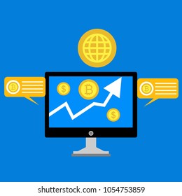 Blockchain scheme, mining crypto currency, server room, powered computers, data processing, money transaction in internet vector technology