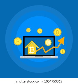 Blockchain scheme, mining crypto currency, server room, powered computers, data processing, money transaction in internet vector technology