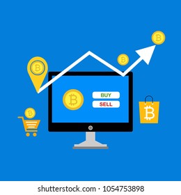 Blockchain scheme, mining crypto currency, server room, powered computers, data processing, money transaction in internet vector technology